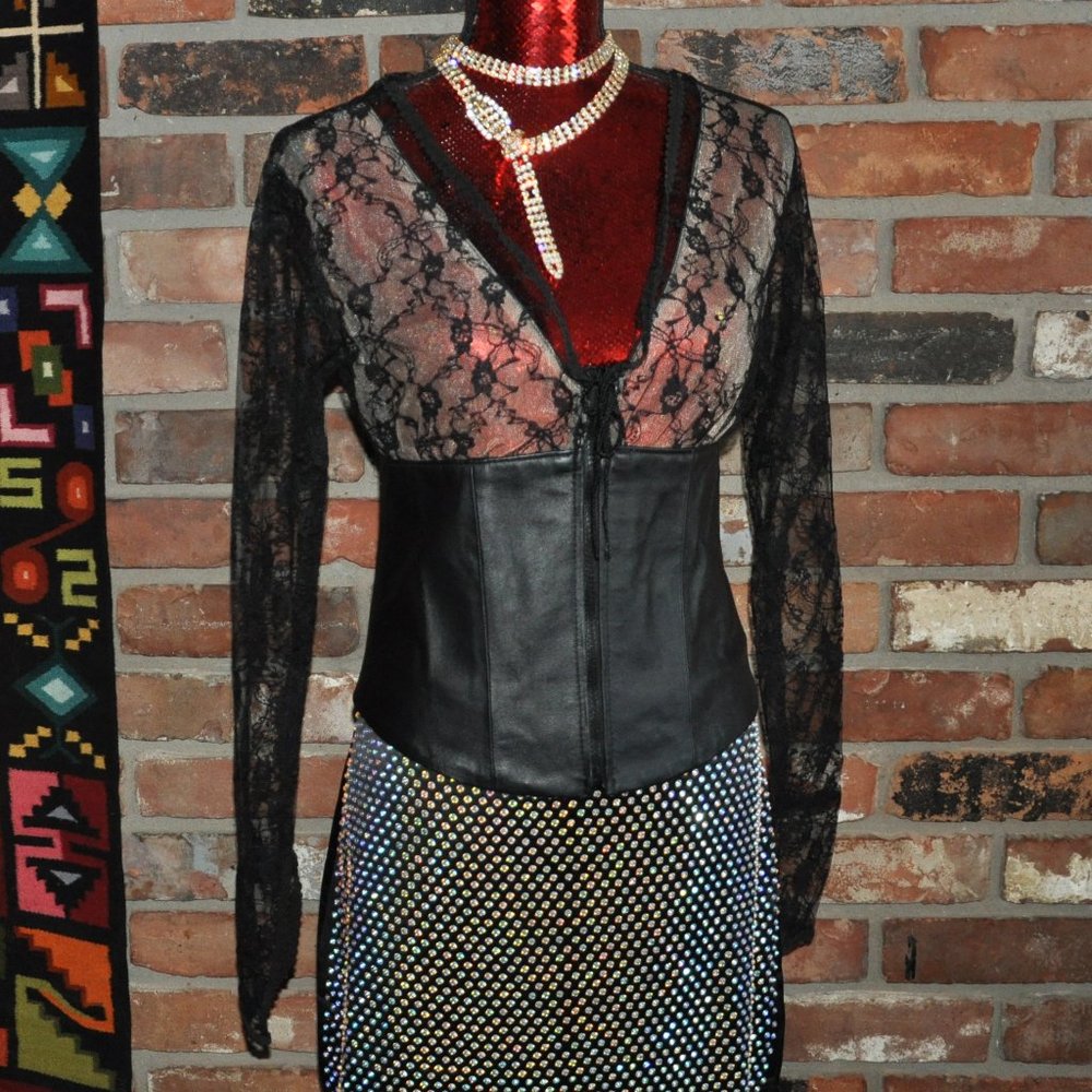 Genuine Leather Black & Gold Sheer Lace Long Sleeve Top M Leather Gallery